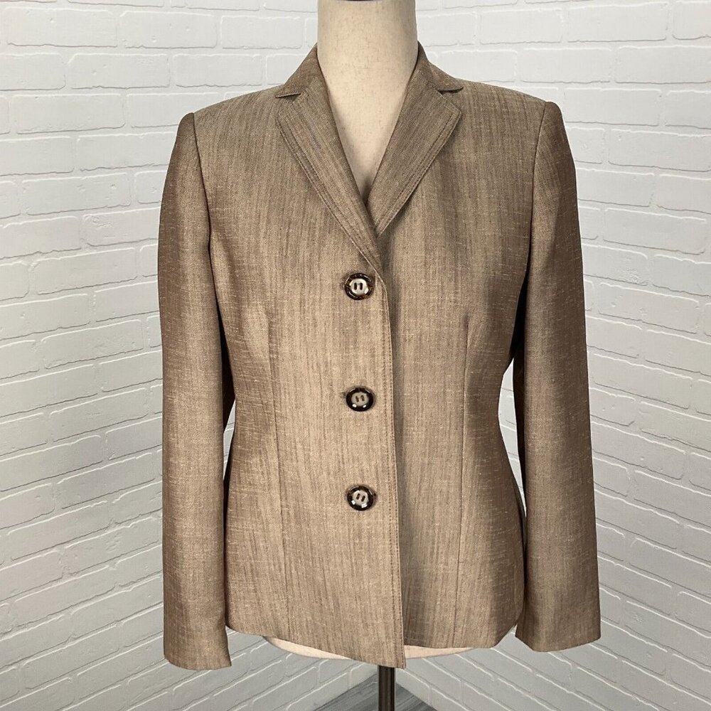 Kasper Blazer Women 4P Tan White Shimmer Woven Fitted‎ Classic Career Notch VTG